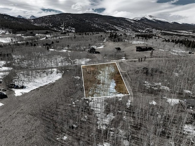 snowy aerial view with a mountain view