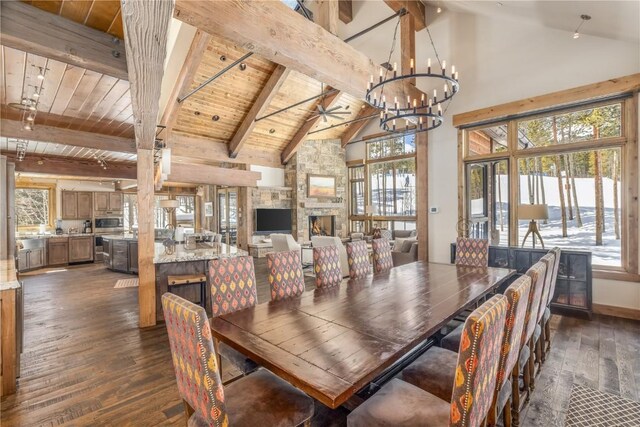 dining area featuring dark hardwood / wood-style floors, beam ceiling, and wood ceiling