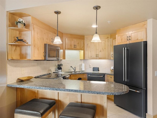 kitchen with open shelves, black appliances, and light brown cabinetry