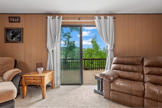 interior space featuring wood walls and carpet