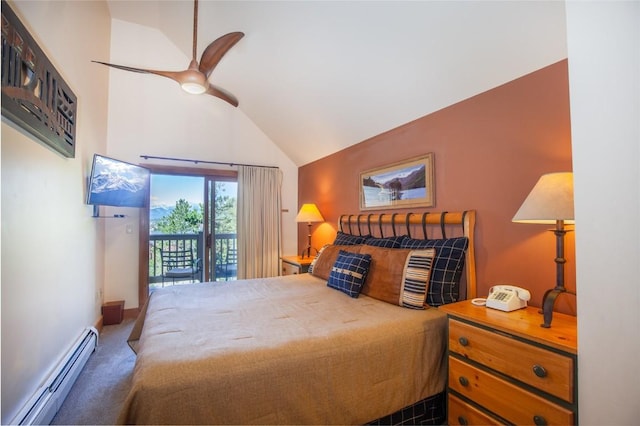 bedroom with ceiling fan, a baseboard heating unit, access to exterior, dark colored carpet, and vaulted ceiling