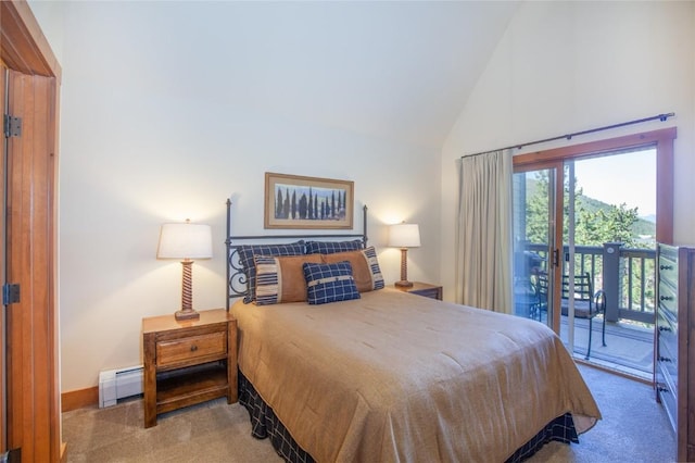 carpeted bedroom featuring a baseboard heating unit, high vaulted ceiling, and access to exterior