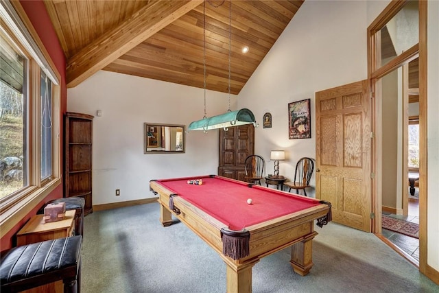 playroom with high vaulted ceiling, carpet, wood ceiling, and pool table