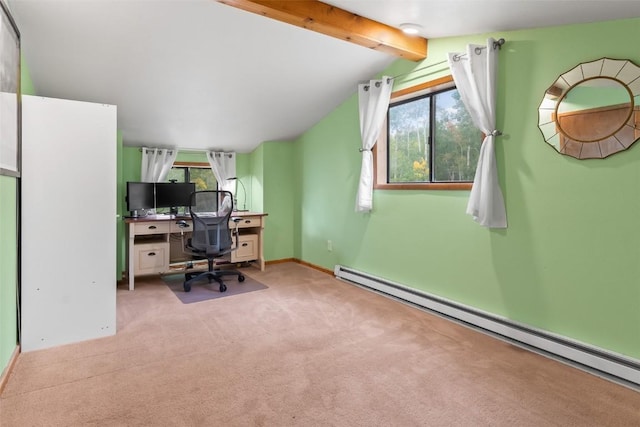 office featuring light carpet, vaulted ceiling with beams, and a baseboard radiator