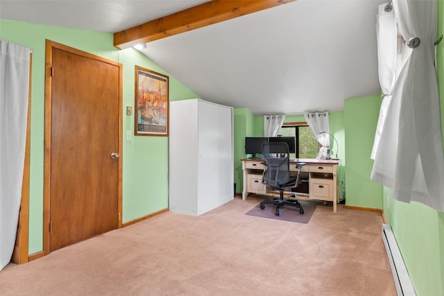 office featuring light carpet, lofted ceiling with beams, and a baseboard radiator