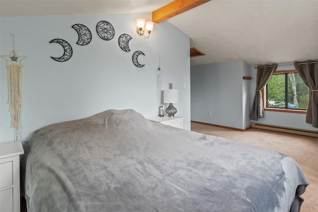 carpeted bedroom with lofted ceiling with beams and a baseboard radiator