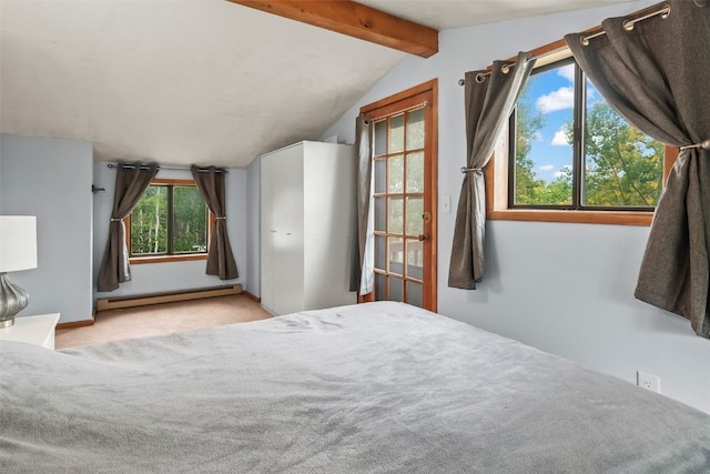 unfurnished bedroom with lofted ceiling with beams, light colored carpet, and baseboard heating