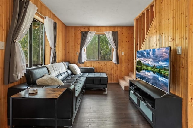 living room with wood walls and dark wood-type flooring