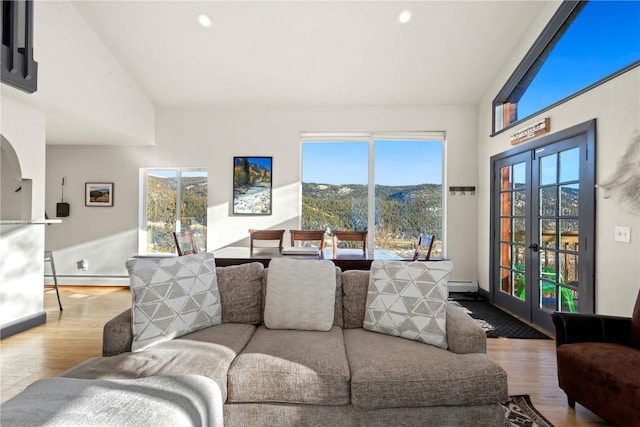 living room featuring hardwood / wood-style flooring, a mountain view, and a baseboard heating unit