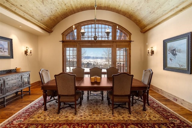 dining space featuring hardwood / wood-style floors, wooden ceiling, and lofted ceiling