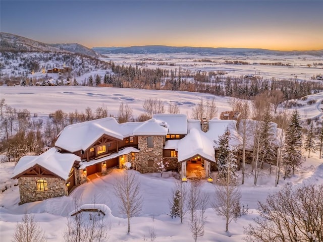 snowy aerial view featuring a mountain view