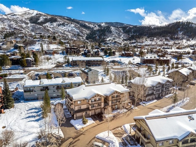 snowy aerial view featuring a mountain view