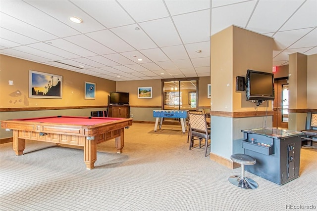 playroom with light carpet and pool table