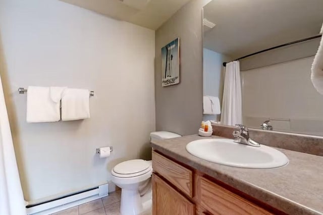 bathroom featuring toilet, a shower with curtain, tile patterned flooring, vanity, and a baseboard heating unit