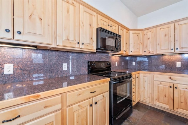 kitchen featuring light brown cabinetry, decorative backsplash, and black appliances