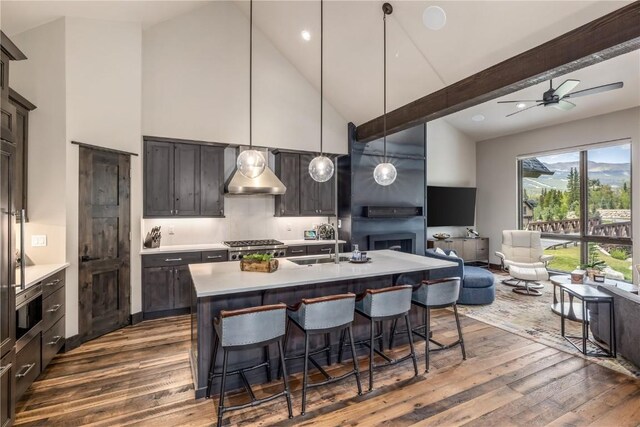 kitchen with sink, wall chimney range hood, high vaulted ceiling, pendant lighting, and a center island with sink