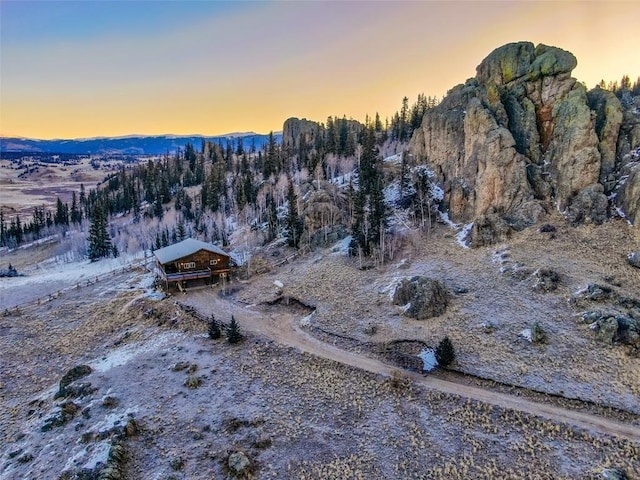 drone / aerial view with a mountain view and a view of trees