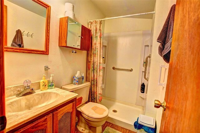 bathroom featuring vanity, curtained shower, and toilet