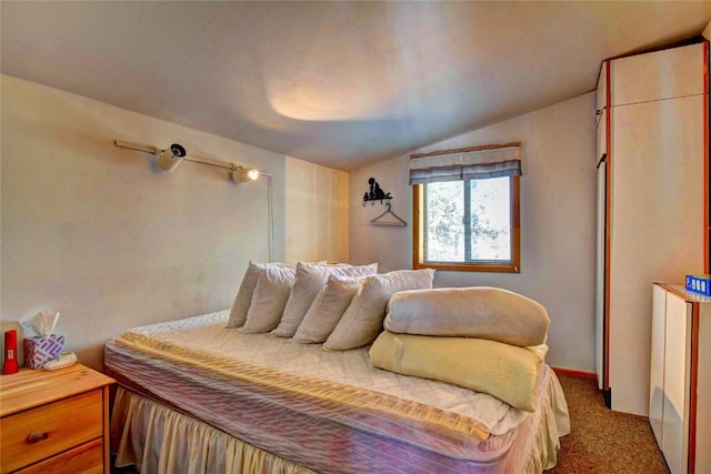 carpeted bedroom with lofted ceiling