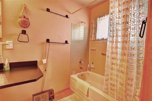 bathroom with shower / bath combination with curtain and parquet floors