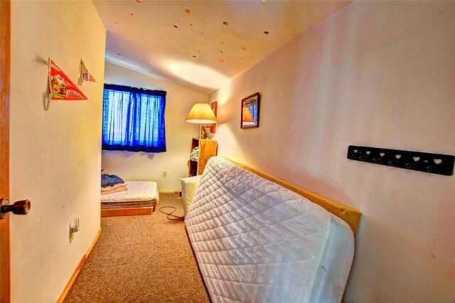 bedroom featuring carpet floors and vaulted ceiling