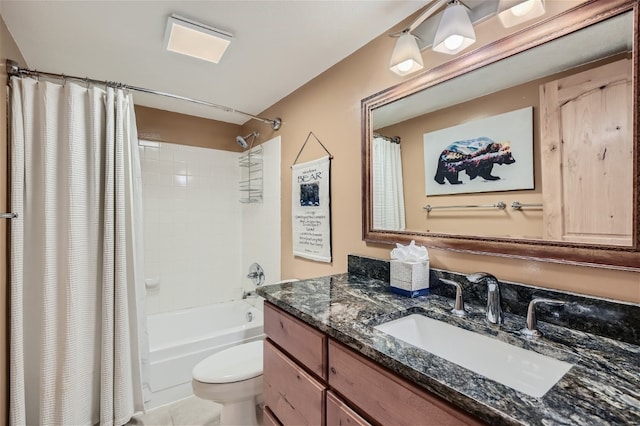 full bathroom featuring toilet, vanity, and shower / bathtub combination with curtain