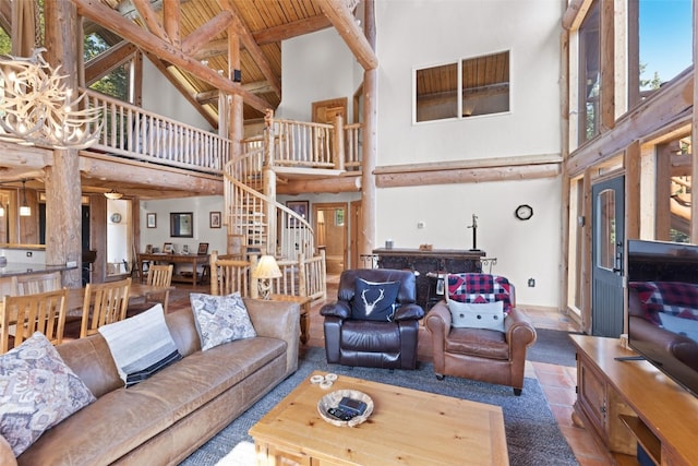 living room featuring beamed ceiling, high vaulted ceiling, and wood ceiling