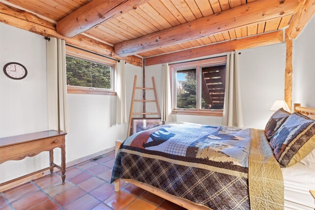 bedroom with tile patterned flooring, beam ceiling, and wood ceiling