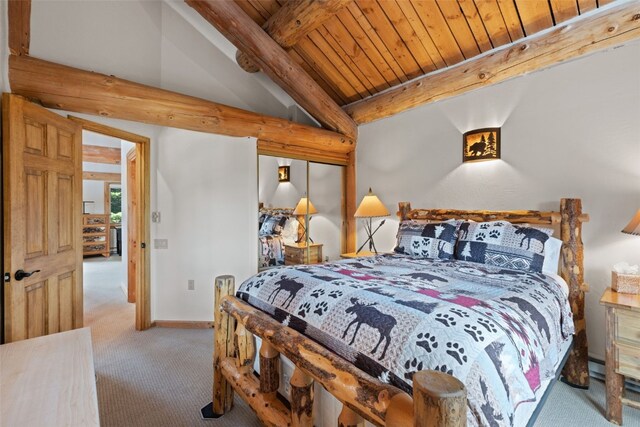 carpeted bedroom featuring vaulted ceiling with beams, wood ceiling, and a closet