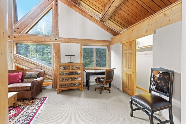 office area featuring carpet floors, high vaulted ceiling, plenty of natural light, and wood ceiling