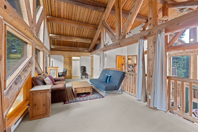 sunroom featuring vaulted ceiling with beams, wooden ceiling, and a baseboard radiator