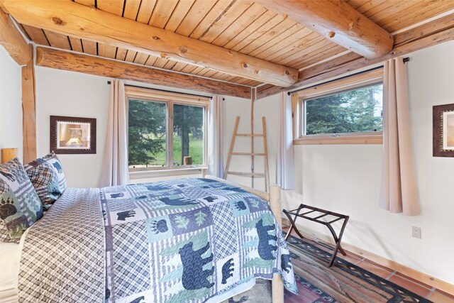 bedroom with beamed ceiling and wood ceiling