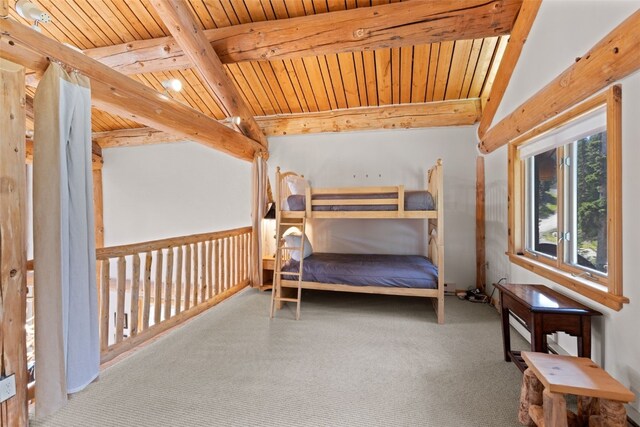 bedroom with vaulted ceiling with beams and wood ceiling