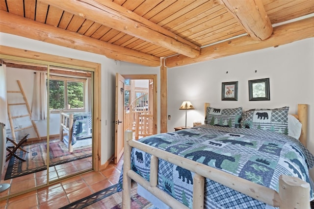 bedroom with beam ceiling, tile patterned flooring, and wood ceiling