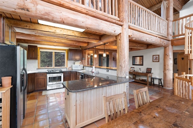 kitchen with backsplash, kitchen peninsula, stainless steel appliances, and wooden ceiling