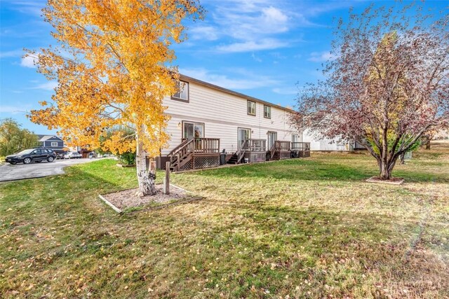 rear view of property with a deck and a lawn