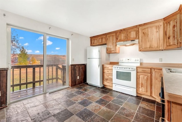 kitchen with wood walls, sink, and white appliances