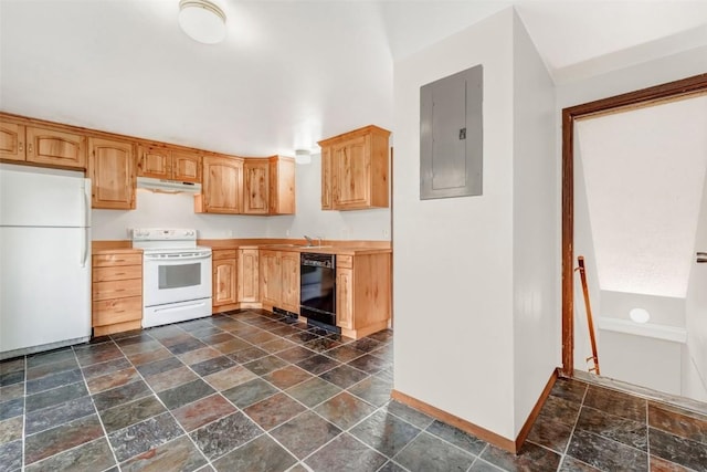 kitchen featuring white appliances, electric panel, and sink