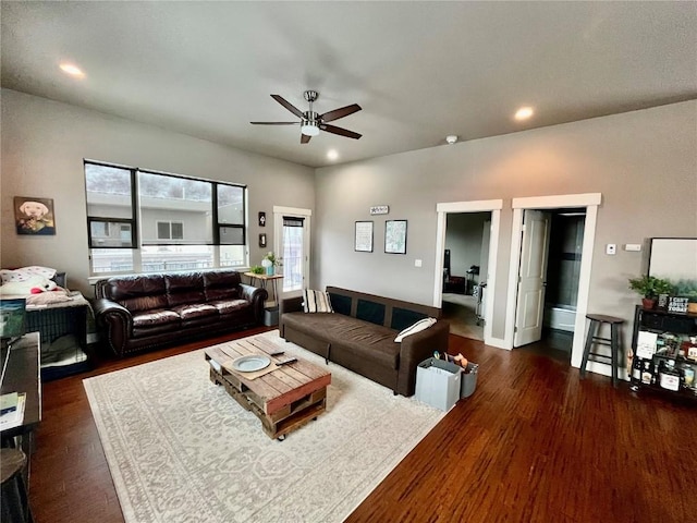 living area featuring recessed lighting, ceiling fan, and wood finished floors