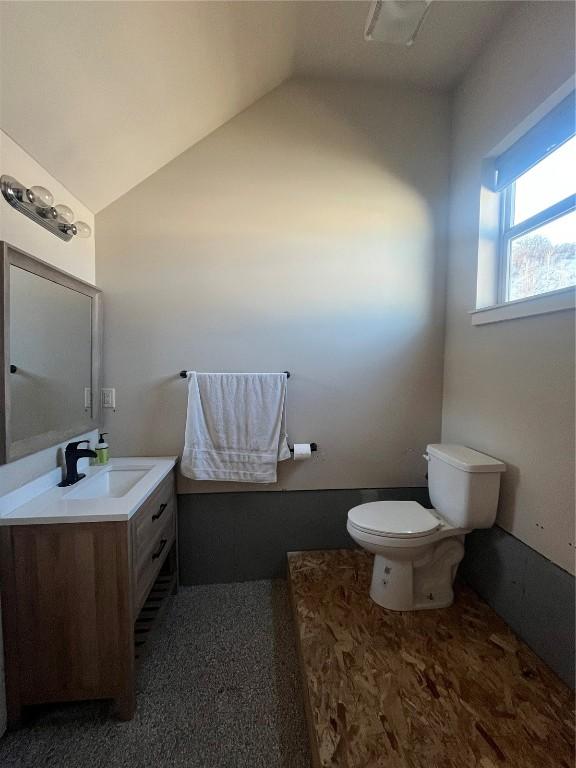 bathroom with toilet, vanity, and vaulted ceiling