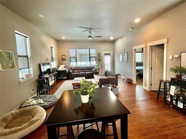 dining room with recessed lighting, wood finished floors, baseboards, and ceiling fan