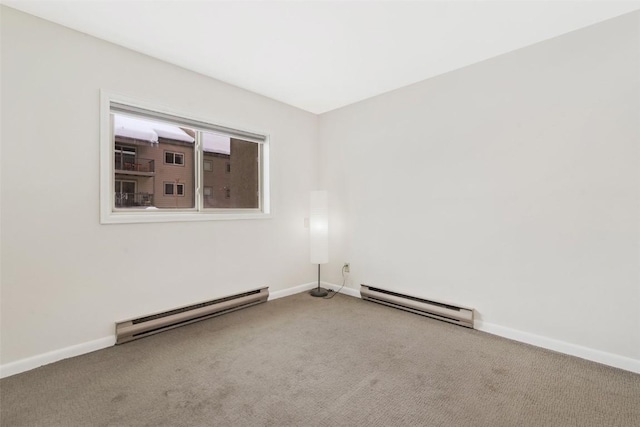 unfurnished room featuring carpet floors and a baseboard radiator