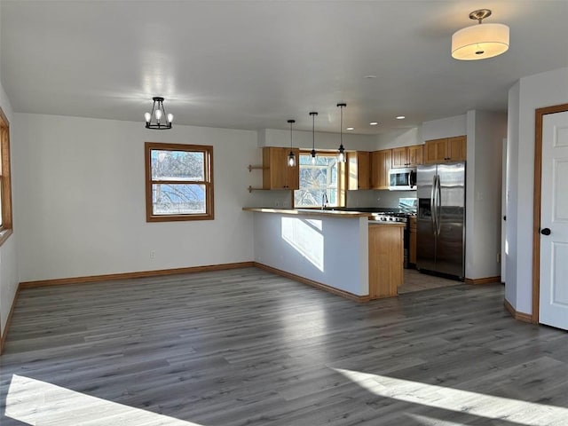 kitchen featuring hardwood / wood-style floors, decorative light fixtures, kitchen peninsula, stainless steel appliances, and a chandelier