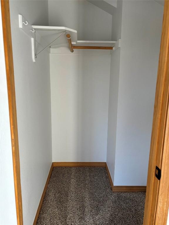 walk in closet with dark colored carpet