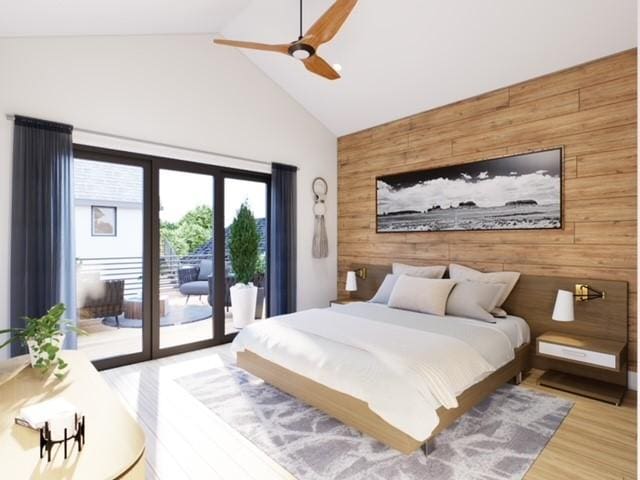 bedroom with access to exterior, an accent wall, wood finished floors, and wood walls