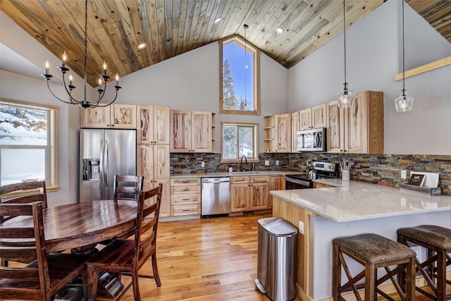 kitchen with sink, appliances with stainless steel finishes, kitchen peninsula, pendant lighting, and decorative backsplash