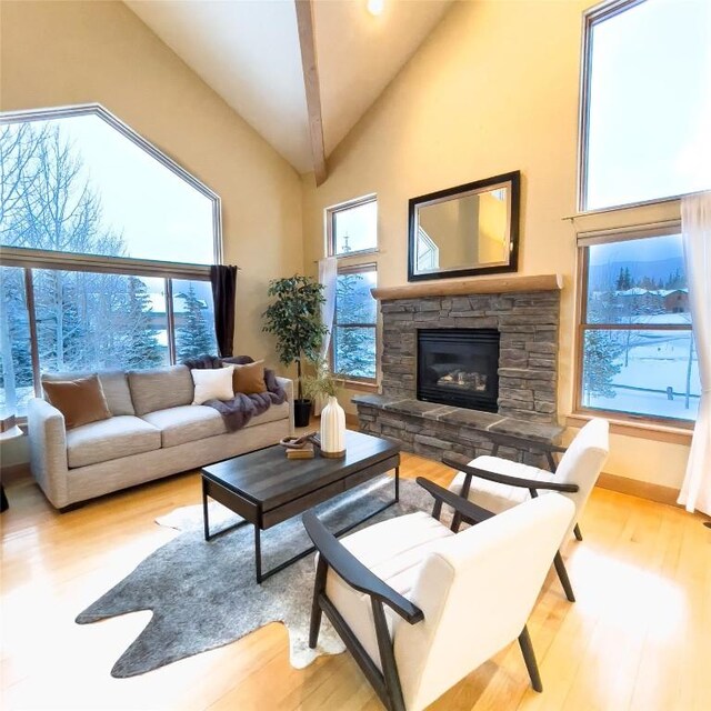 living room featuring a fireplace, high vaulted ceiling, and light hardwood / wood-style floors