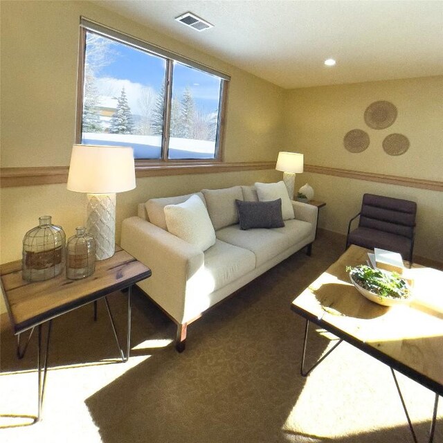 living room with dark colored carpet