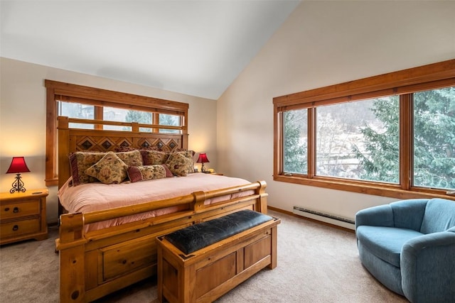 bedroom featuring light carpet, a baseboard radiator, and multiple windows