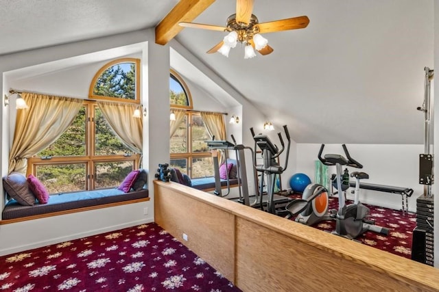 workout area featuring ceiling fan, carpet flooring, and vaulted ceiling